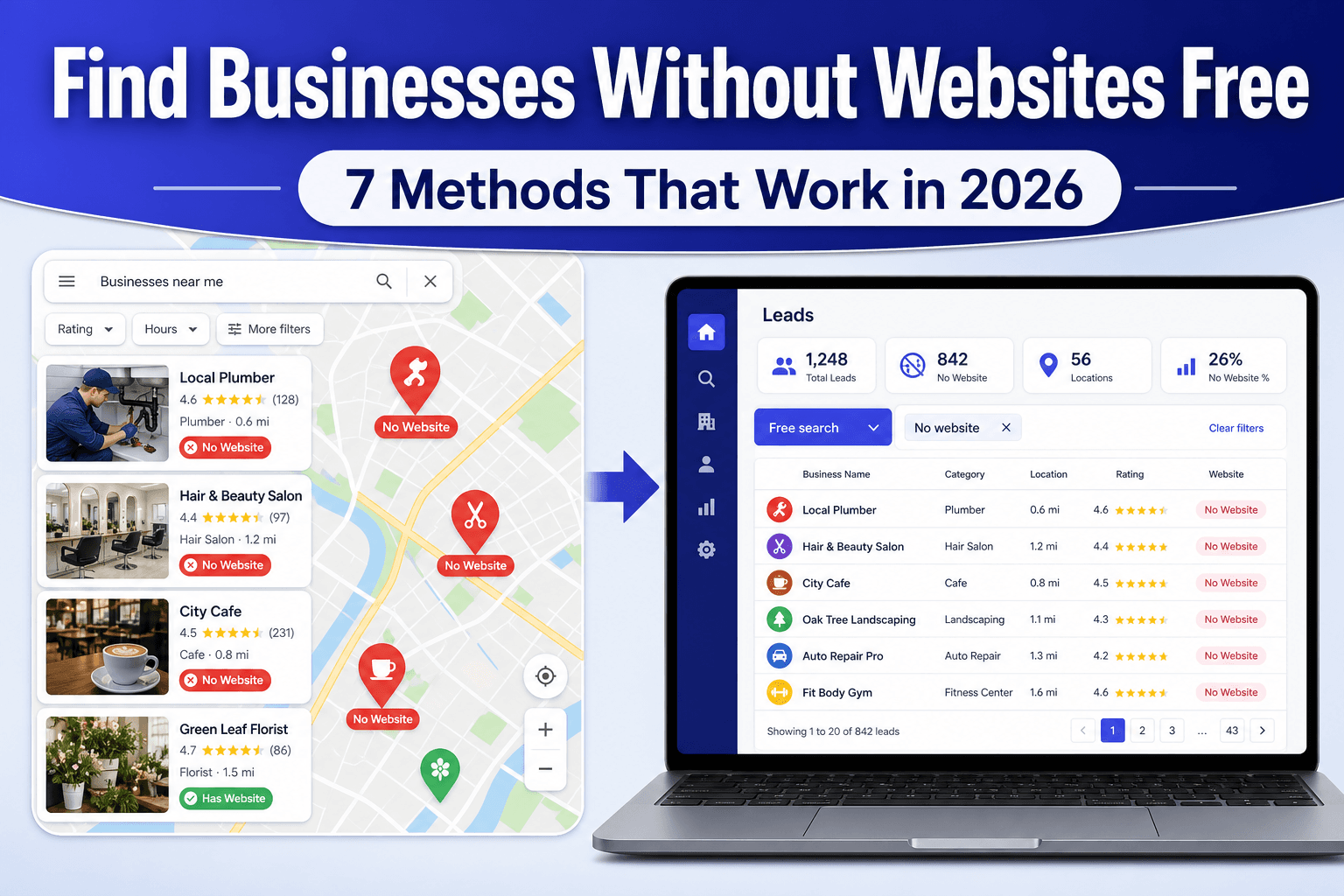 Find businesses without websites free: 7 methods that work in 2026