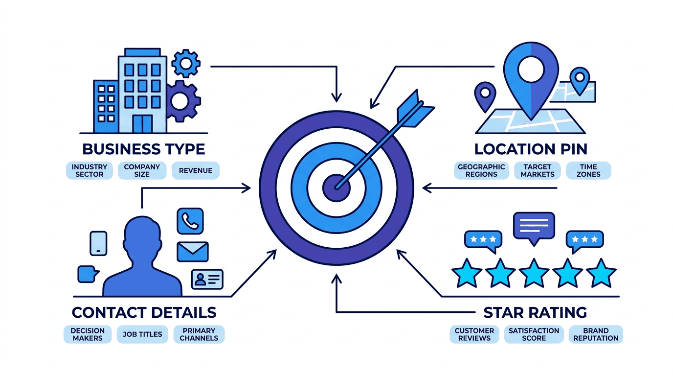 Ideal Customer Profile components: business type, location, rating, and contact details