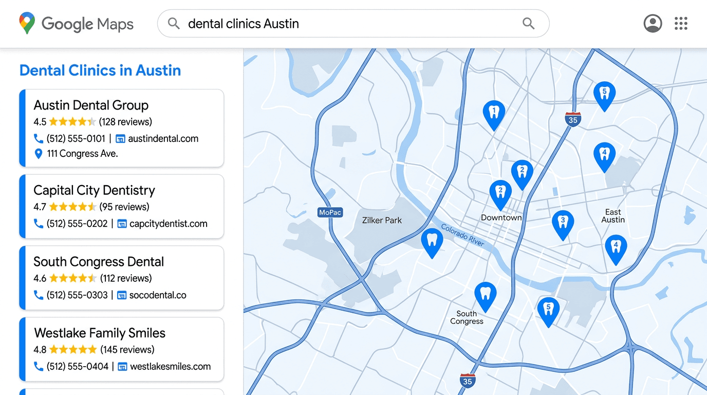 Google Maps search for dental clinics in Austin showing business listings with ratings and contact info